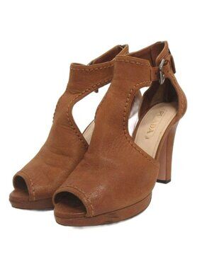 Prada Open Heel Sandals Leather Brown 37 Approx